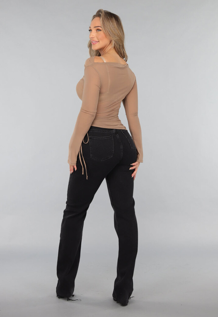 Taupe Geplooide Mesh Top met Veterdetail