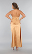 Gouden Geplooide Satijnen Halter Galajurk met Split
