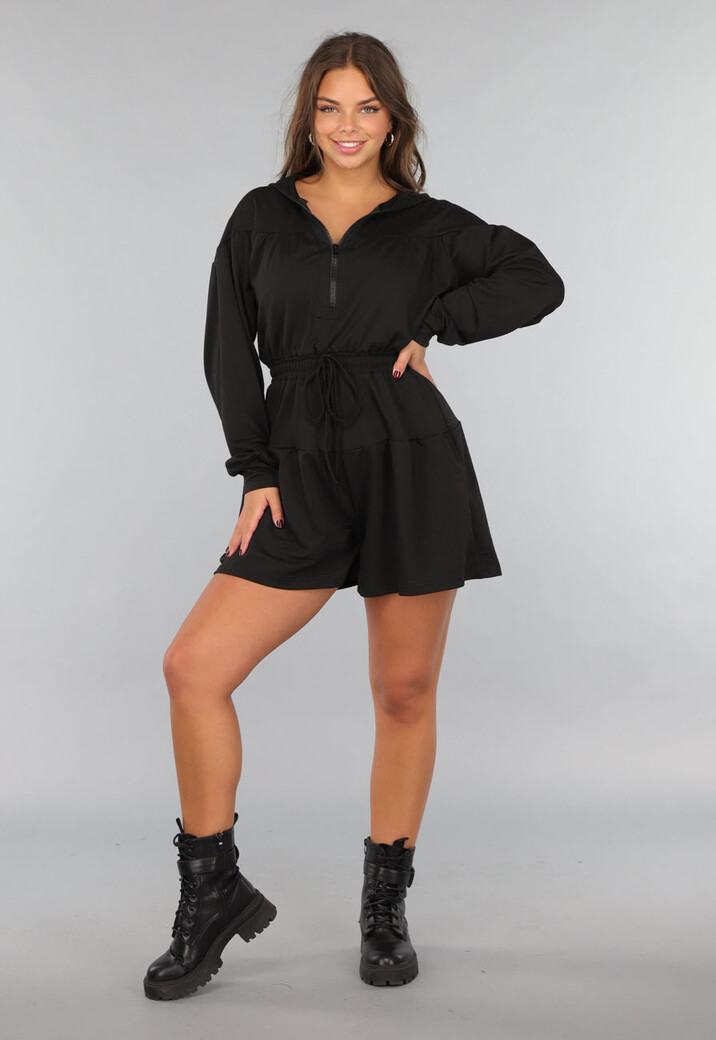 Zwarte Stretch Playsuit met Capuchon