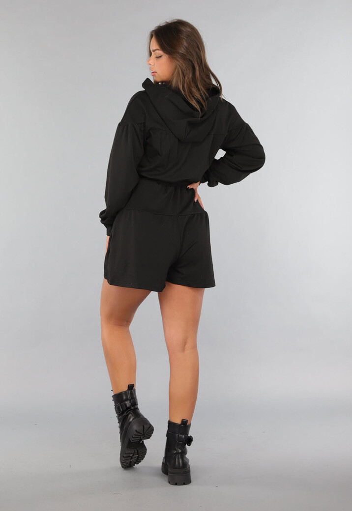 Zwarte Stretch Playsuit met Capuchon
