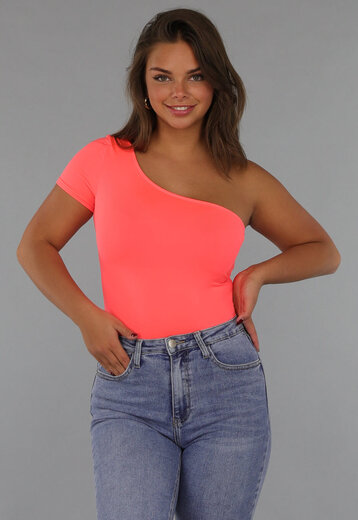 Neon Coral Bodysuit met One Shoulder