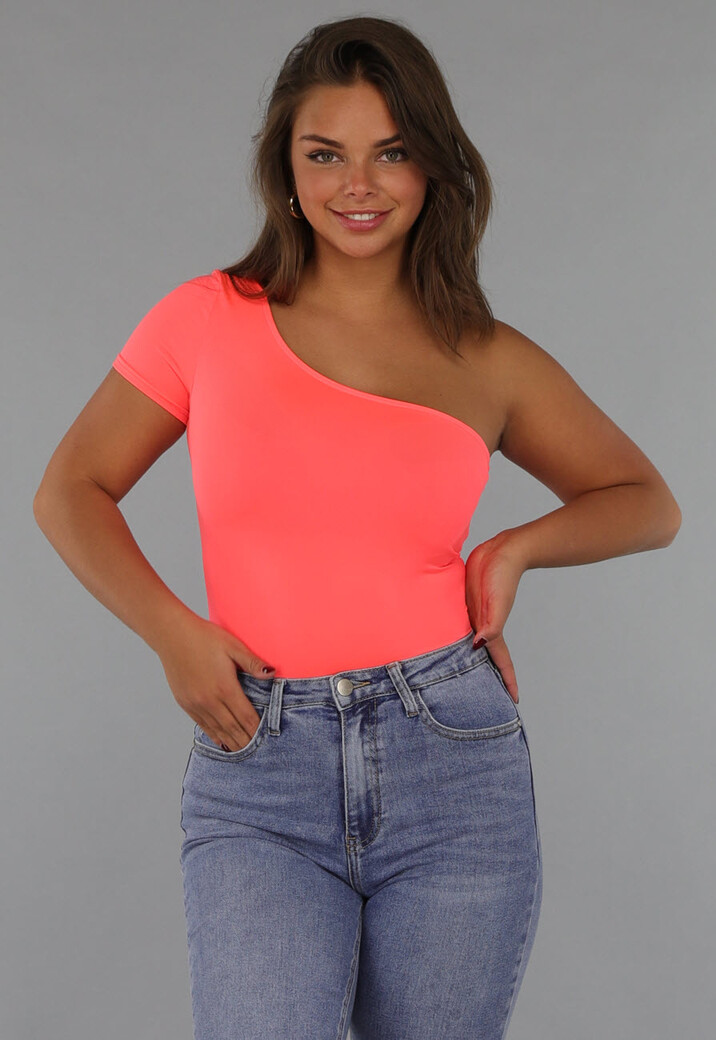 Neon Coral Bodysuit met One Shoulder