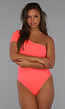 Neon Coral Bodysuit met One Shoulder