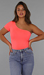 Neon Coral Bodysuit met One Shoulder