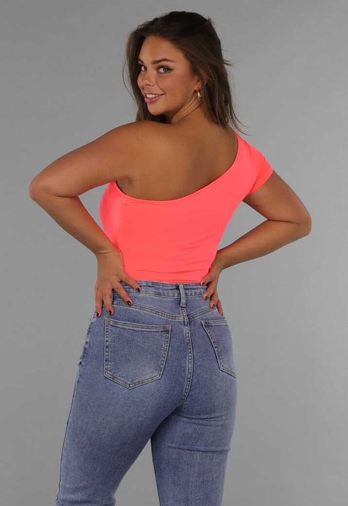 Neon Coral Bodysuit met One Shoulder
