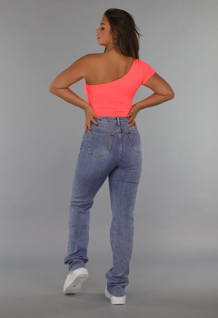 Neon Coral Bodysuit met One Shoulder