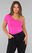Fel Roze One Shoulder Bodysuit met Korte Mouw