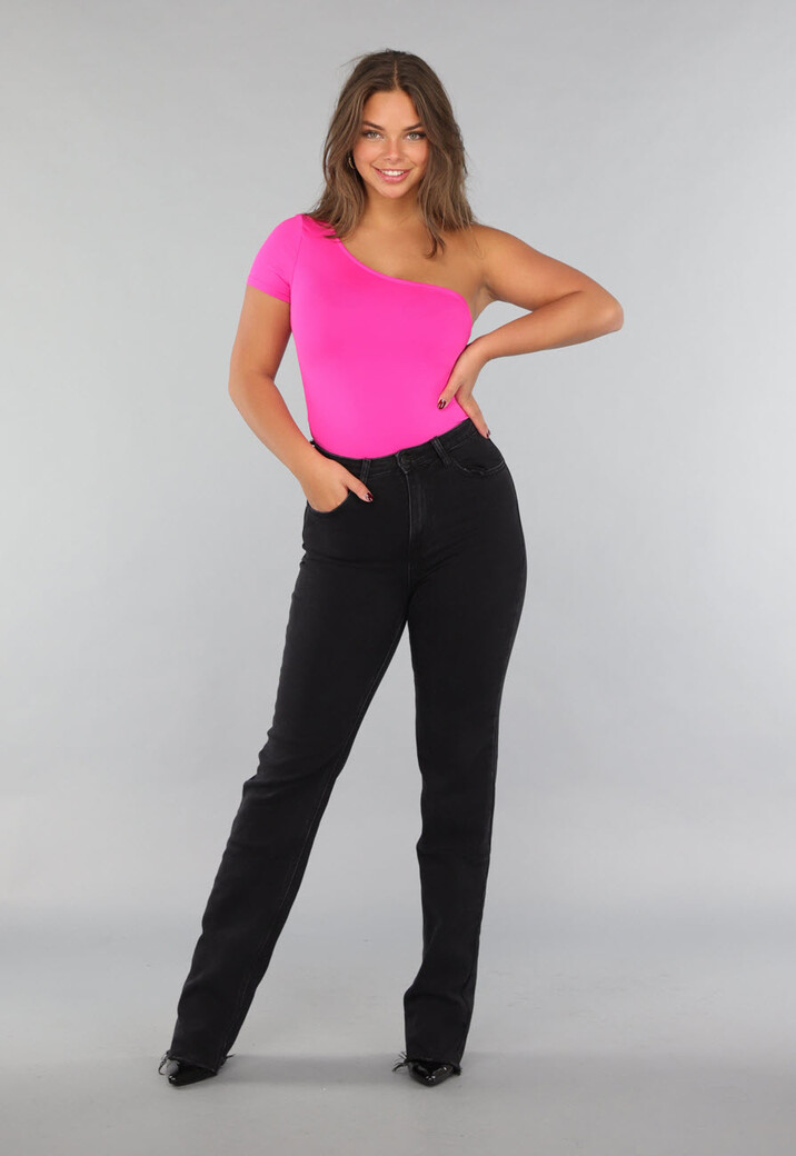 Fel Roze One Shoulder Bodysuit met Korte Mouw