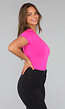 Fel Roze One Shoulder Bodysuit met Korte Mouw