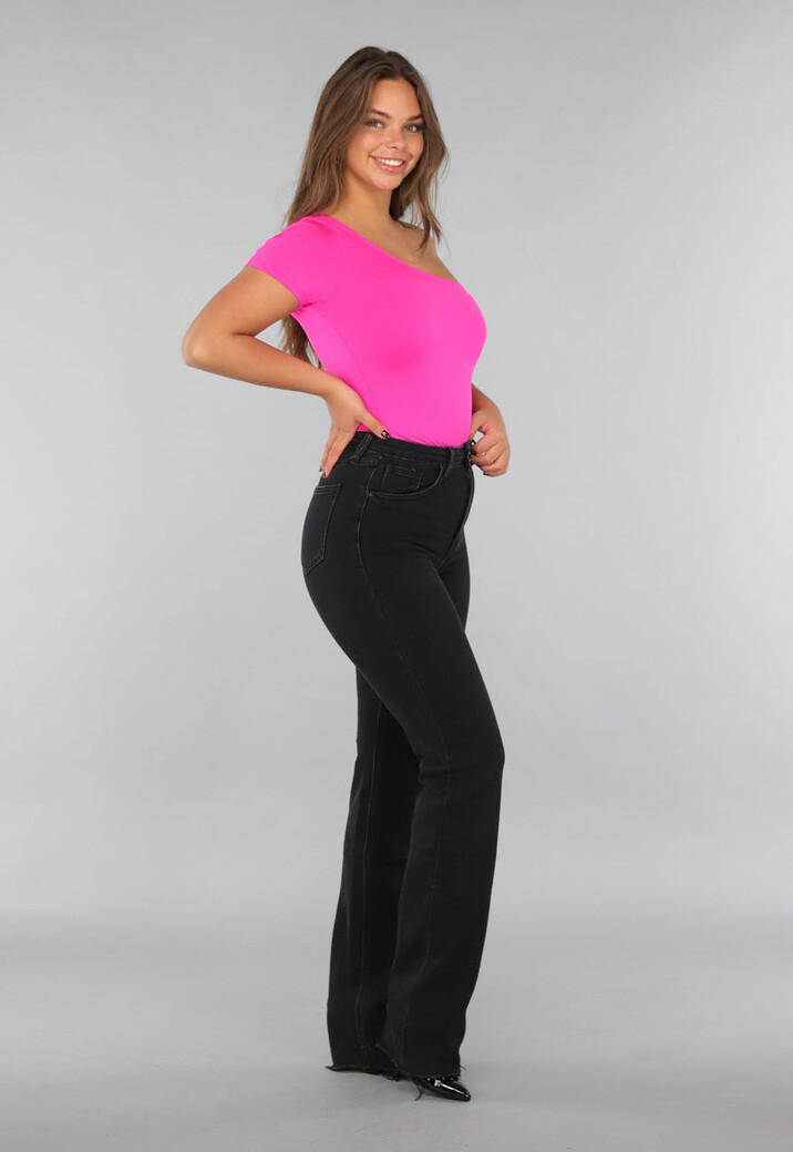 Fel Roze One Shoulder Bodysuit met Korte Mouw