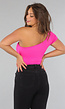 Fel Roze One Shoulder Bodysuit met Korte Mouw