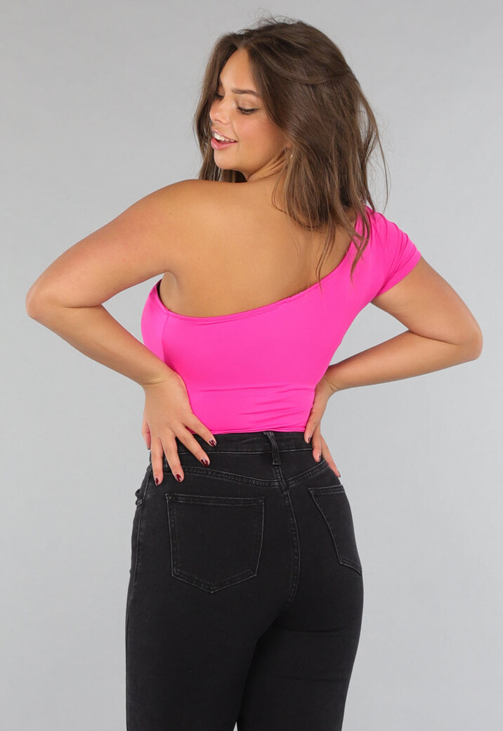 Fel Roze One Shoulder Bodysuit met Korte Mouw