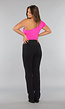 Fel Roze One Shoulder Bodysuit met Korte Mouw