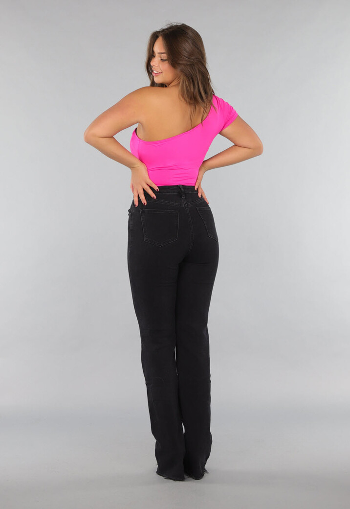 Fel Roze One Shoulder Bodysuit met Korte Mouw