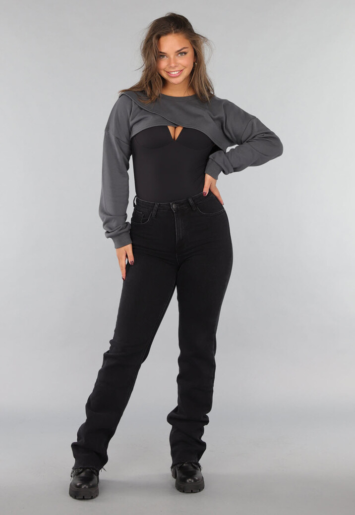 Donkergrijze Korte Sweater met Overslag