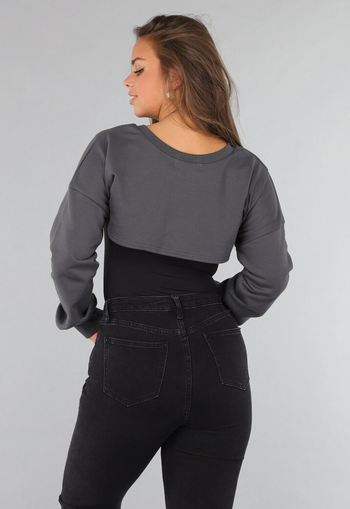 Donkergrijze Korte Sweater met Overslag