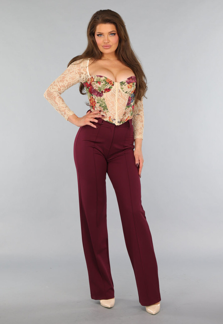 Kanten Korset Top met Bloemen en Semi Lange Mouwen