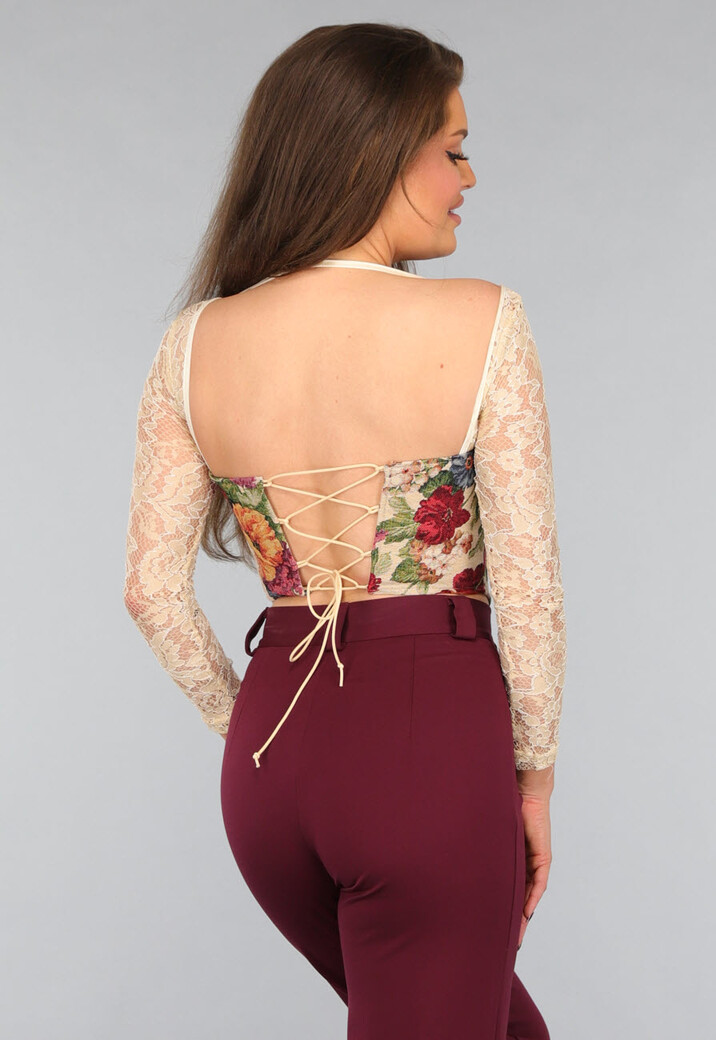 Kanten Korset Top met Bloemen en Semi Lange Mouwen