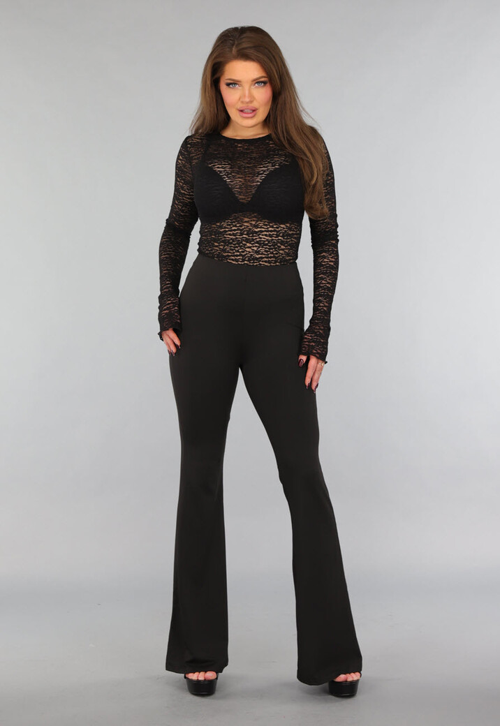 Kanten Zwarte Top met Lange Mouwen