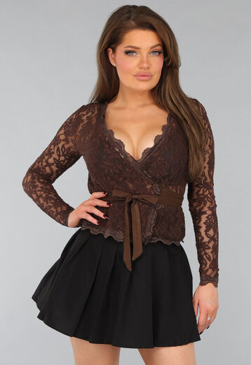 Bruine Kanten Omslag Top met Lange Mouwen