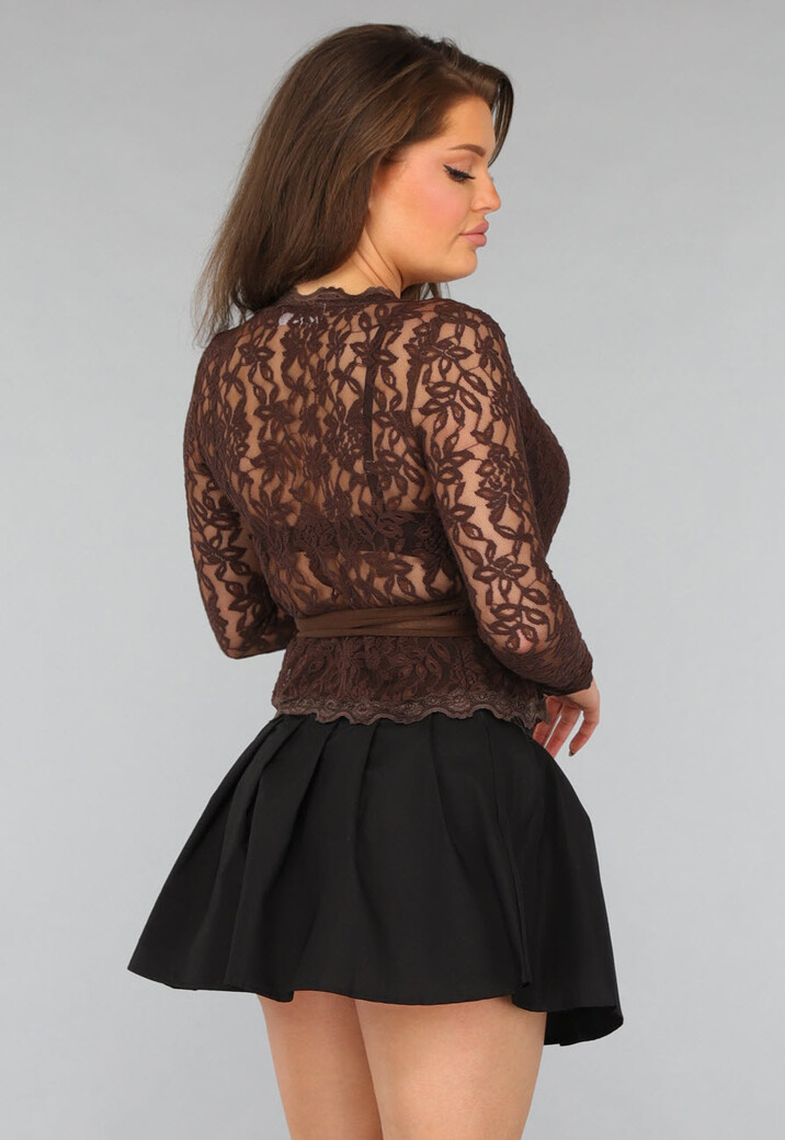 Bruine Kanten Omslag Top met Lange Mouwen