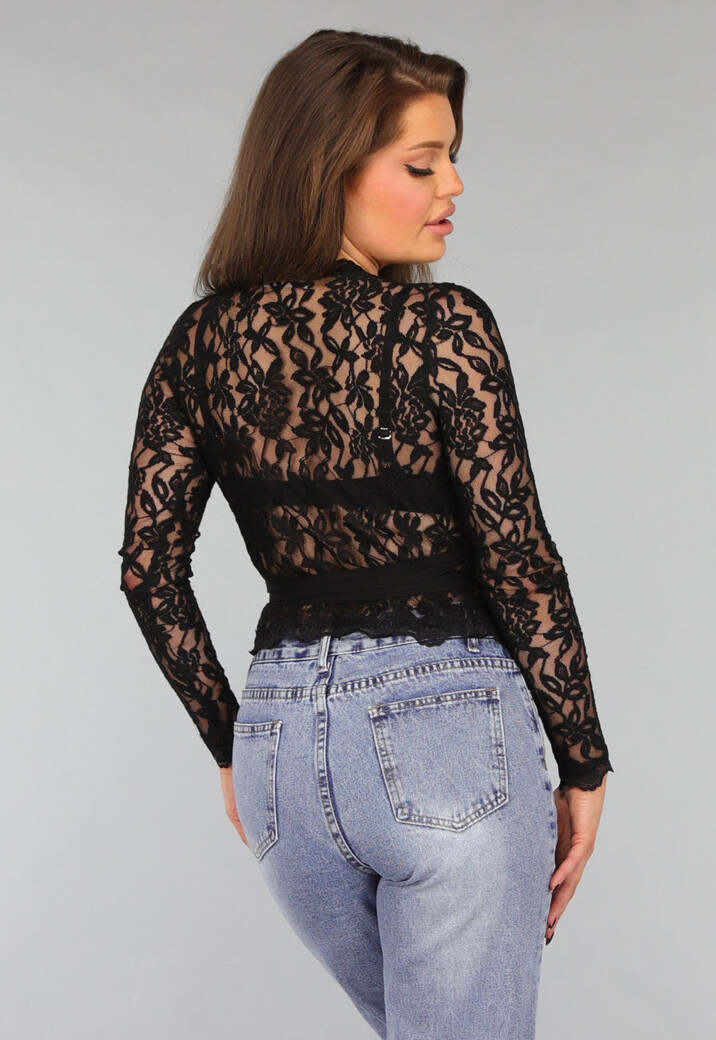 Kanten Doorschijnende Omslag Top in Zwart