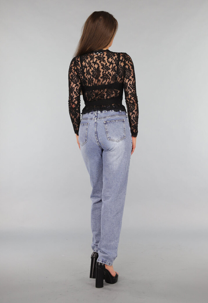 Kanten Doorschijnende Omslag Top in Zwart