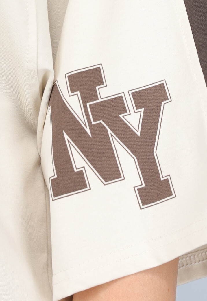 Beige Baseball Shirt met Bruine Details