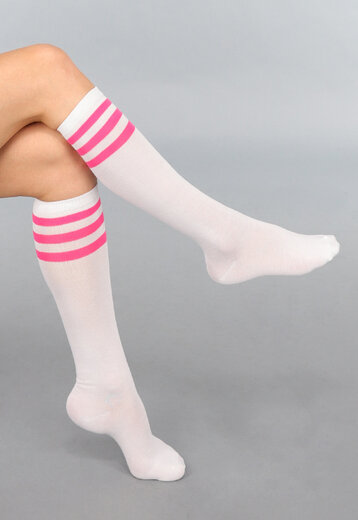 Hoge Witte Sokken met Fuchsia Strepen