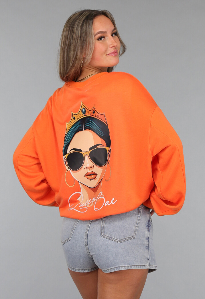 Oranje Koningsdag Sweater Dames met Queen Bae Print