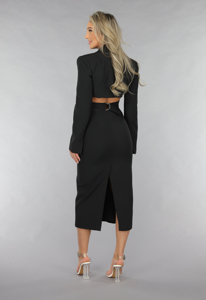 Zwarte Cut Out Midi Jurk met Blazer Look