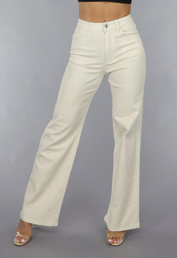Beige Straight Leg Jeans met Pin Stripe Print en Hoge Taille