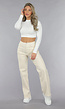 Beige Straight Leg Jeans met Pin Stripe Print en Hoge Taille