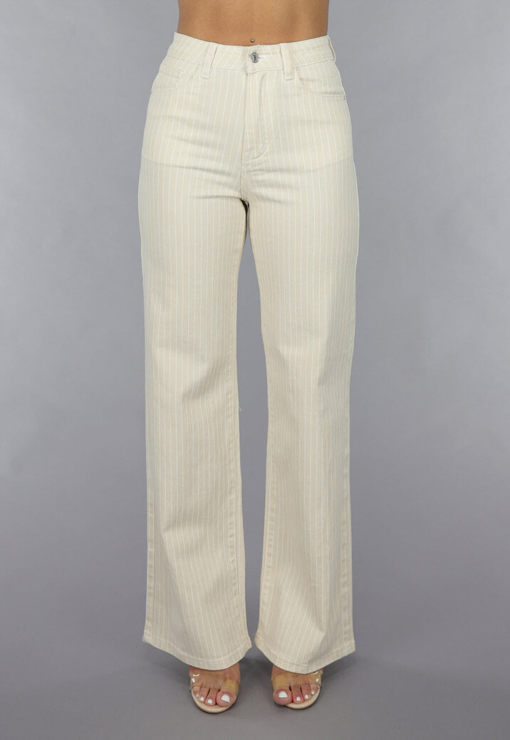 Beige Straight Leg Jeans met Pin Stripe Print en Hoge Taille