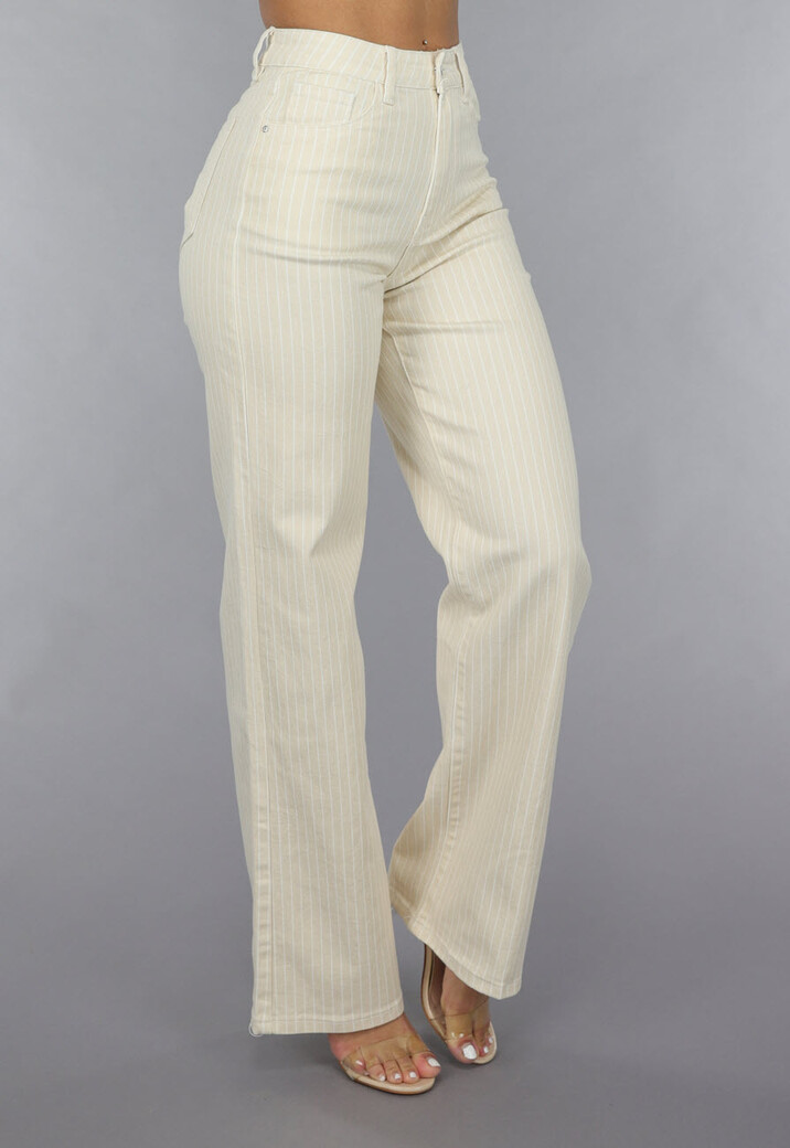 Beige Straight Leg Jeans met Pin Stripe Print en Hoge Taille