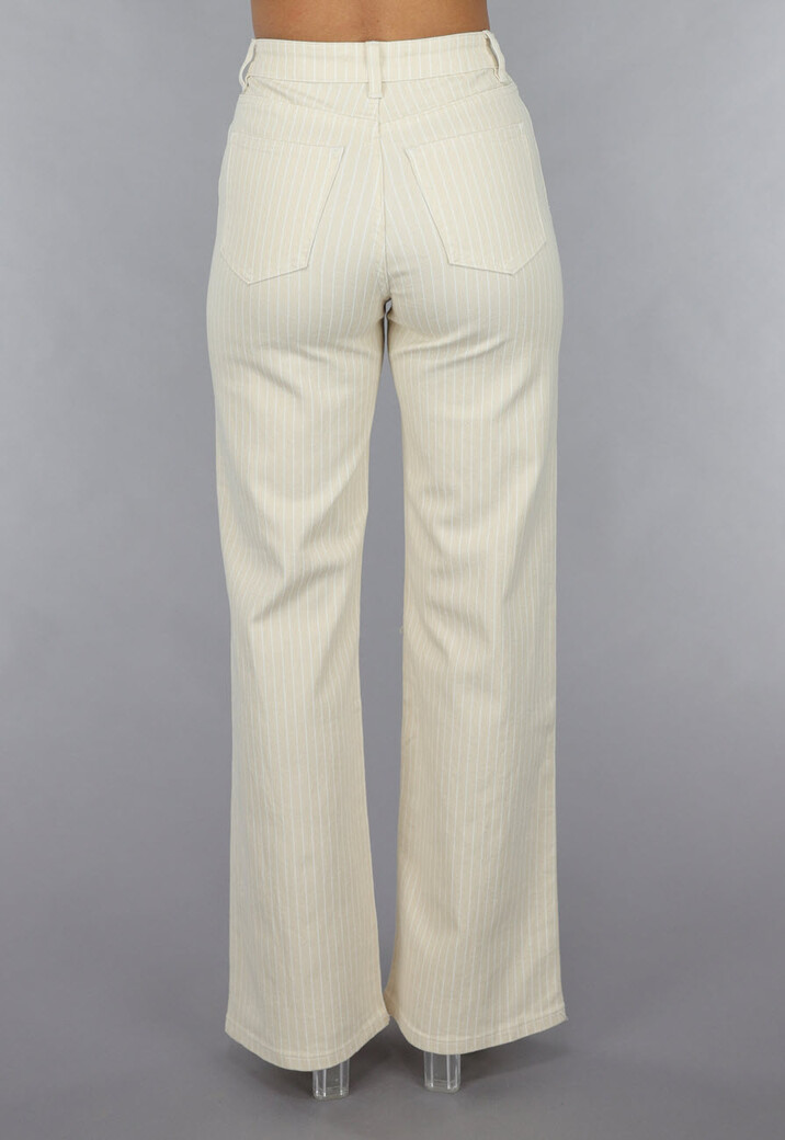 Beige Straight Leg Jeans met Pin Stripe Print en Hoge Taille