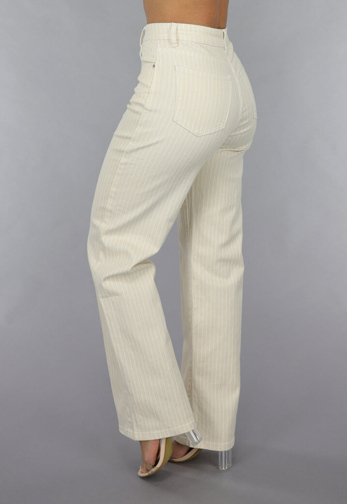 Beige Straight Leg Jeans met Pin Stripe Print en Hoge Taille