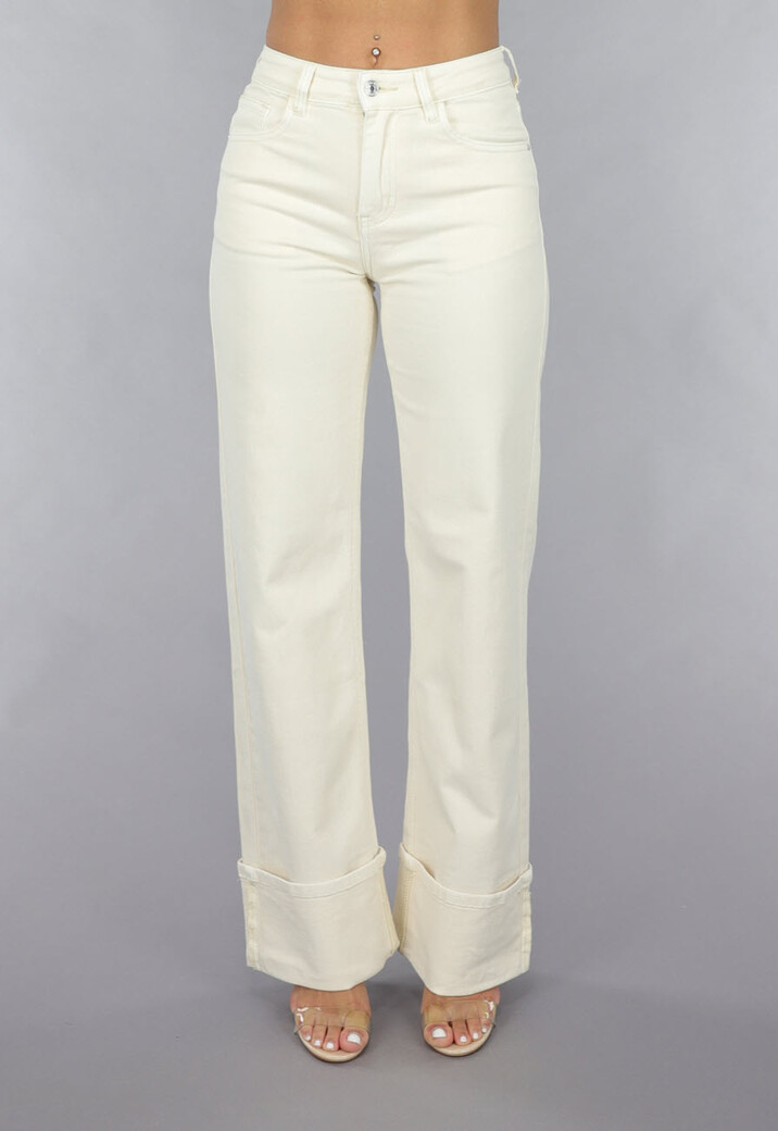 Beige Straight Leg Jeans met Omgeslagen Pijpen