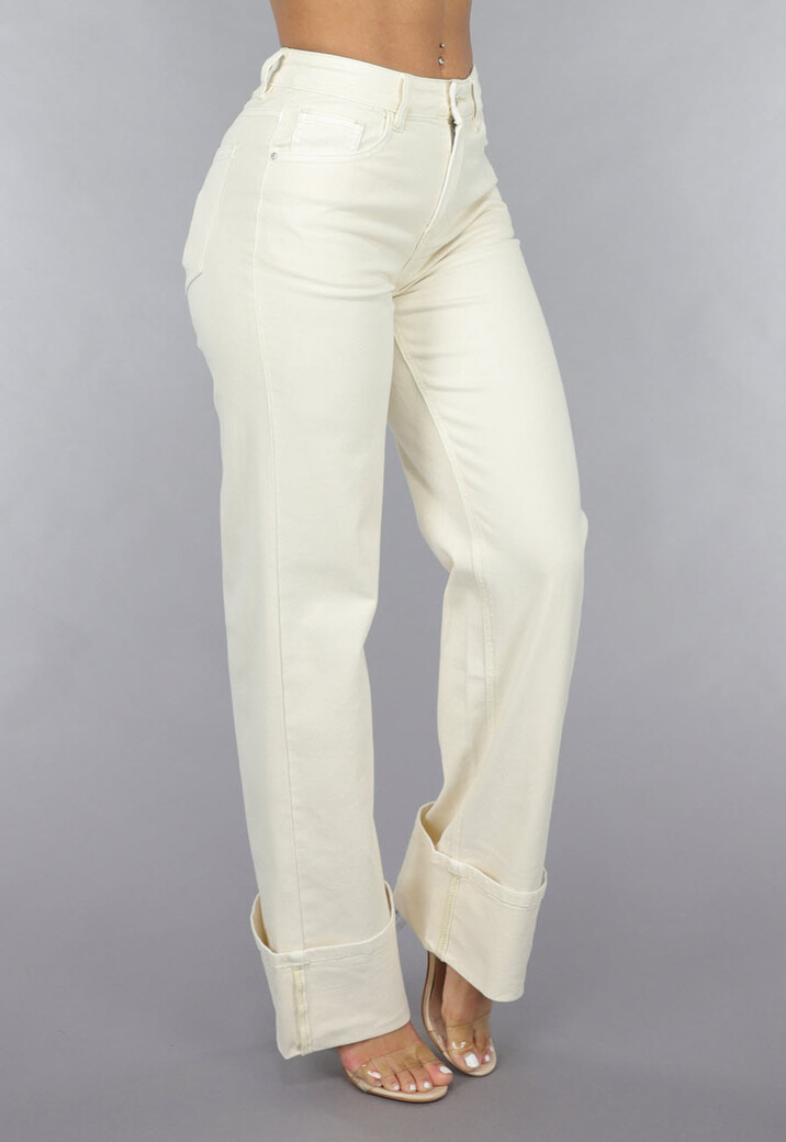 Beige Straight Leg Jeans met Omgeslagen Pijpen
