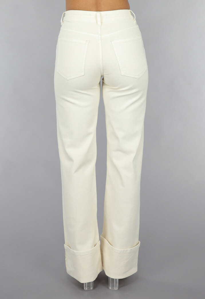 Beige Straight Leg Jeans met Omgeslagen Pijpen