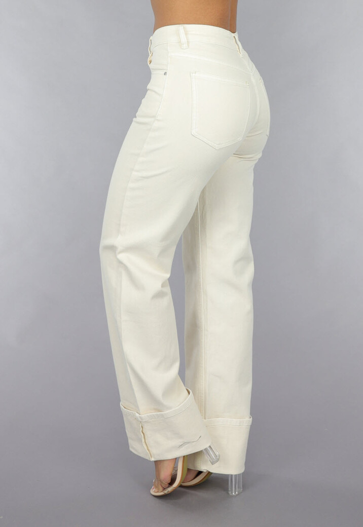 Beige Straight Leg Jeans met Omgeslagen Pijpen