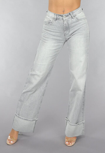 Grijze Mid Waist Omgeslagen Straight Leg Jeans