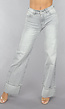 Grijze Mid Waist Omgeslagen Straight Leg Jeans