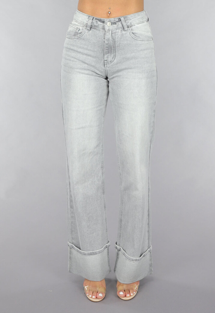 Grijze Mid Waist Omgeslagen Straight Leg Jeans