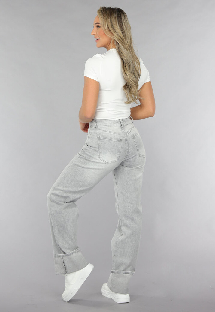 Grijze Mid Waist Omgeslagen Straight Leg Jeans