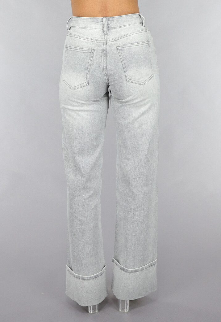 Grijze Mid Waist Omgeslagen Straight Leg Jeans