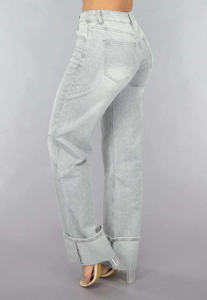 Grijze Mid Waist Omgeslagen Straight Leg Jeans