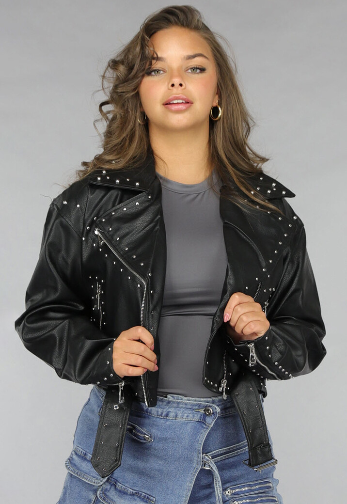 Zwarte Vegan Leren Jas met Studs