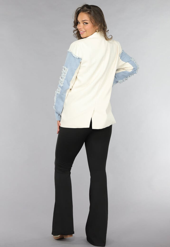 Beige Blazer met Denim Details