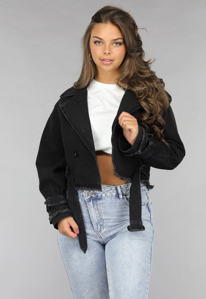 Cropped Zwarte Denim Jas met Gespdetails